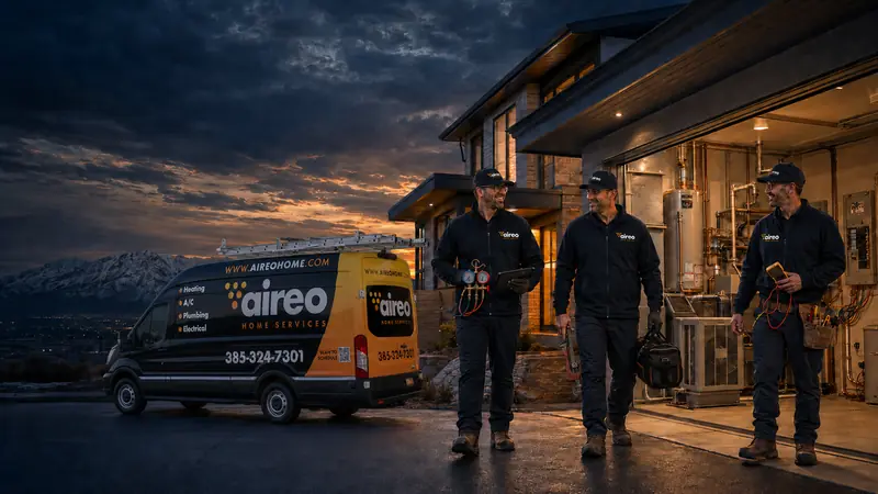 Three Aireo Home Services technicians walking beside an Aireo service van outside a Utah home